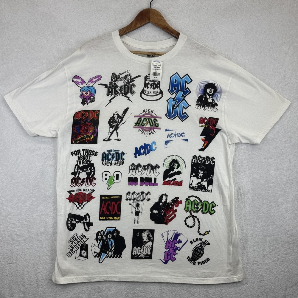 AC/DC‎ Shirt Mens 2XL White Logo Collage Graphic Band Rock Tee Short Sleeve
